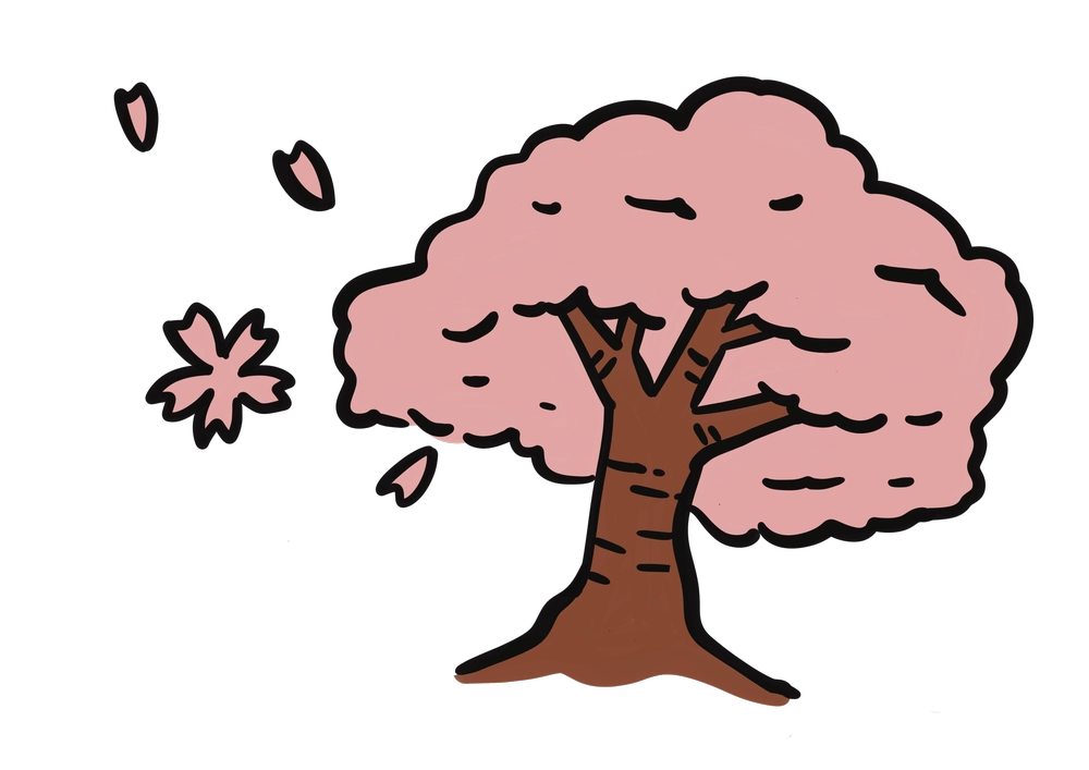 春に咲く桜の木と花びらのイラスト