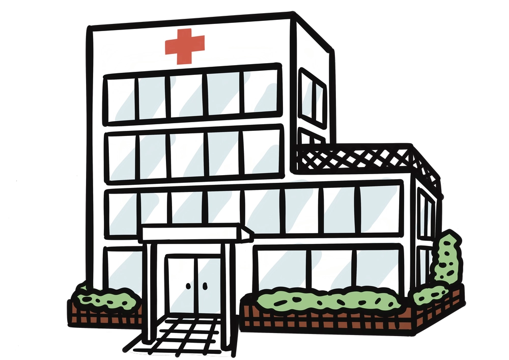 病院のイラスト（建物・1棟・正面）