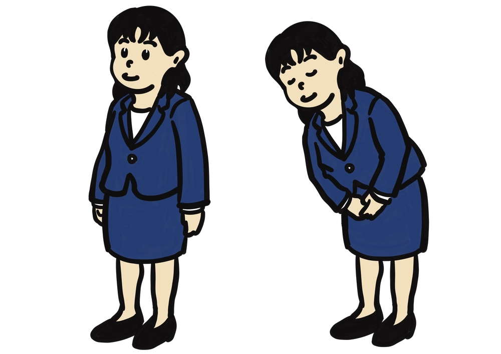 お辞儀をする女性のイラスト（直立とお辞儀の2ポーズ）