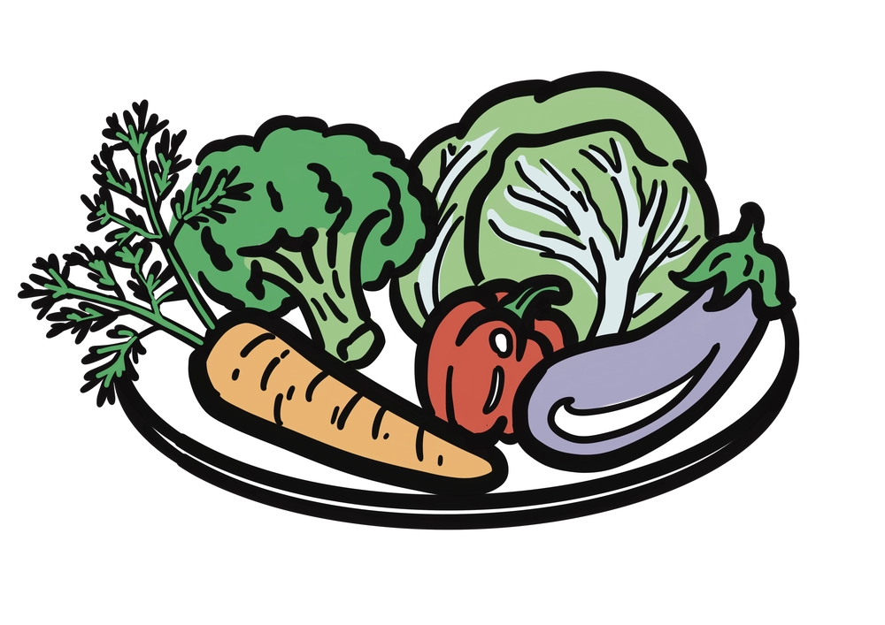 お皿の上にたくさんの野菜がのっているイラスト