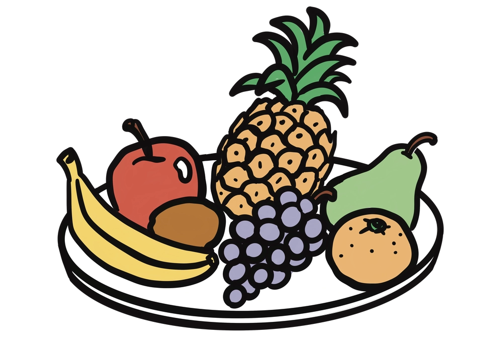 お皿にのっているたくさんの果物のイラスト