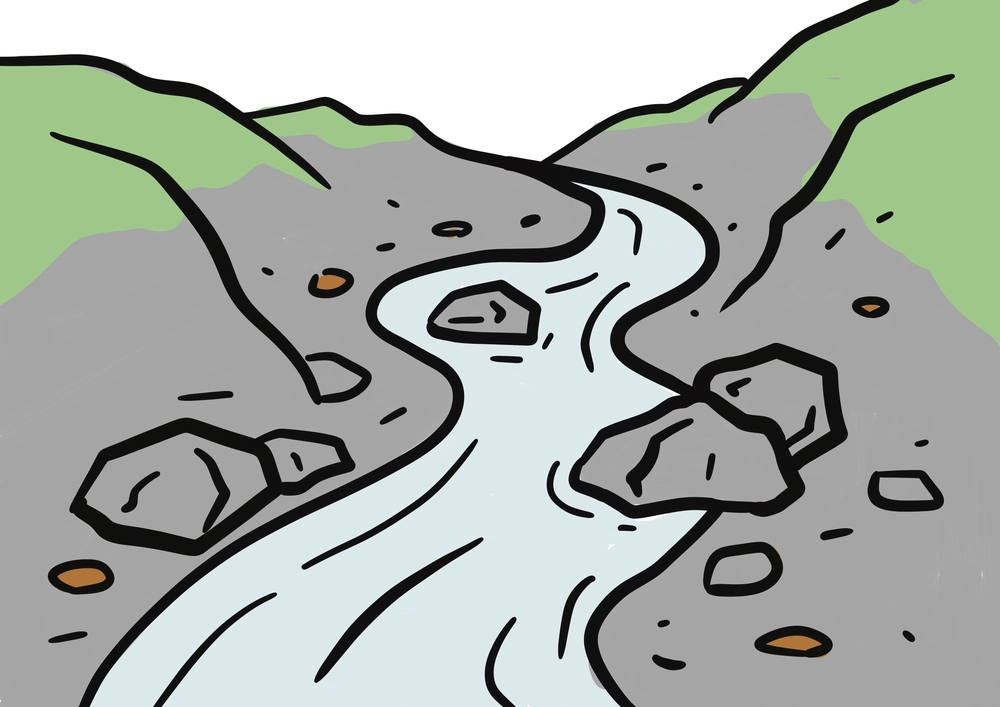 川のイラスト（流れと河原）