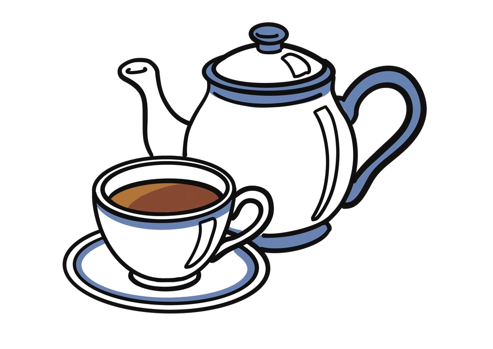 ティーポットとカップに紅茶が入っているイラスト
