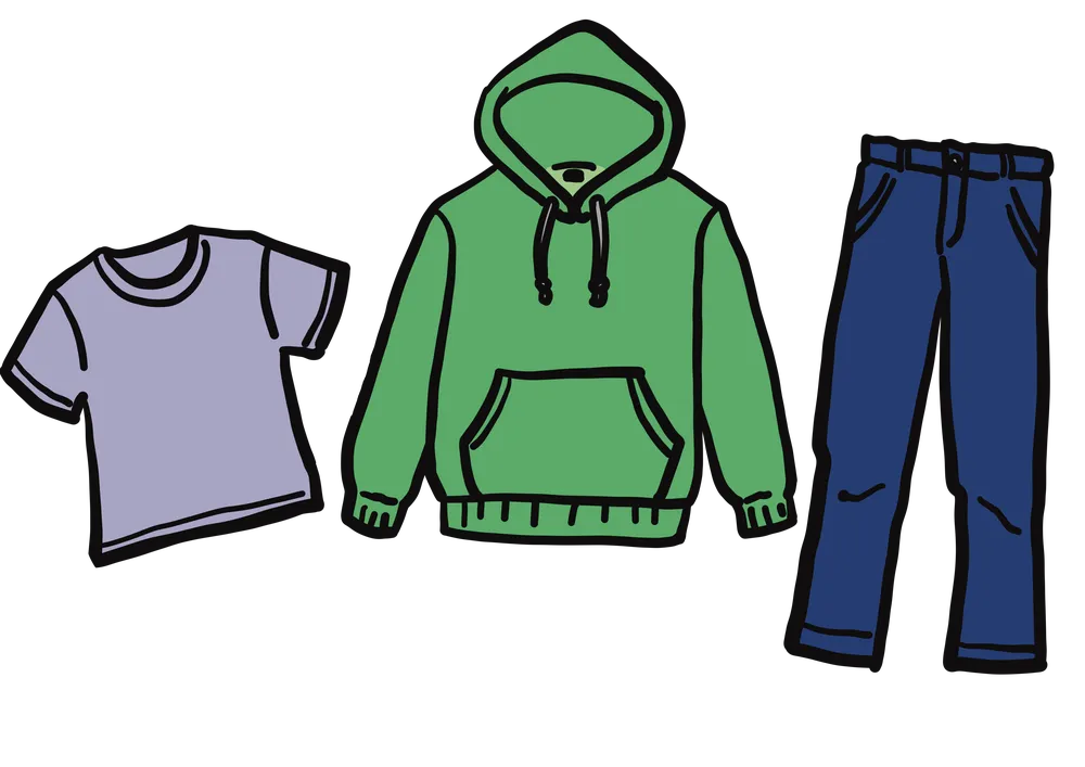 Tシャツ、パーカー、ジーンズなど様々な服が並ぶイラスト