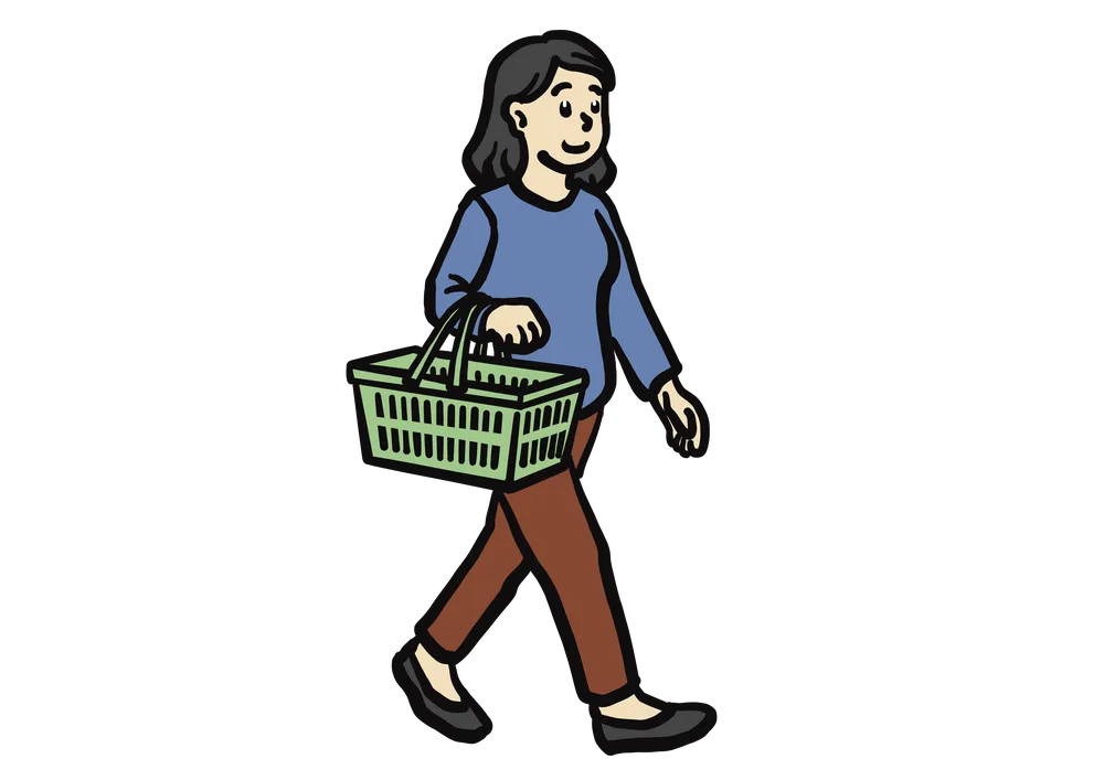 買い物カゴを持って歩く女性のイラスト