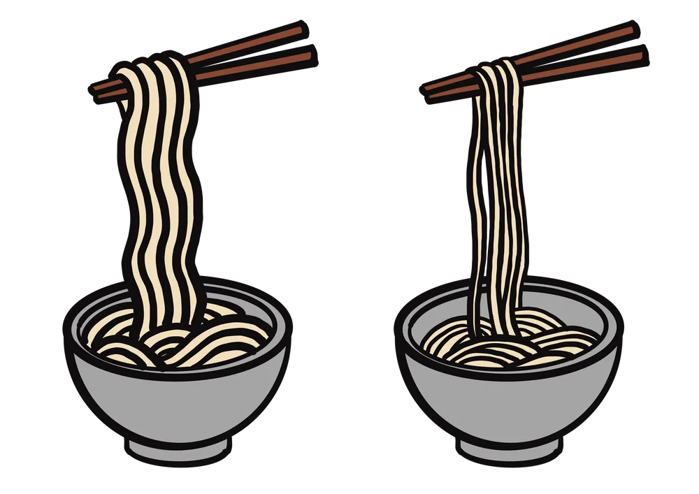 太い麺と細い麺を比較するイラスト