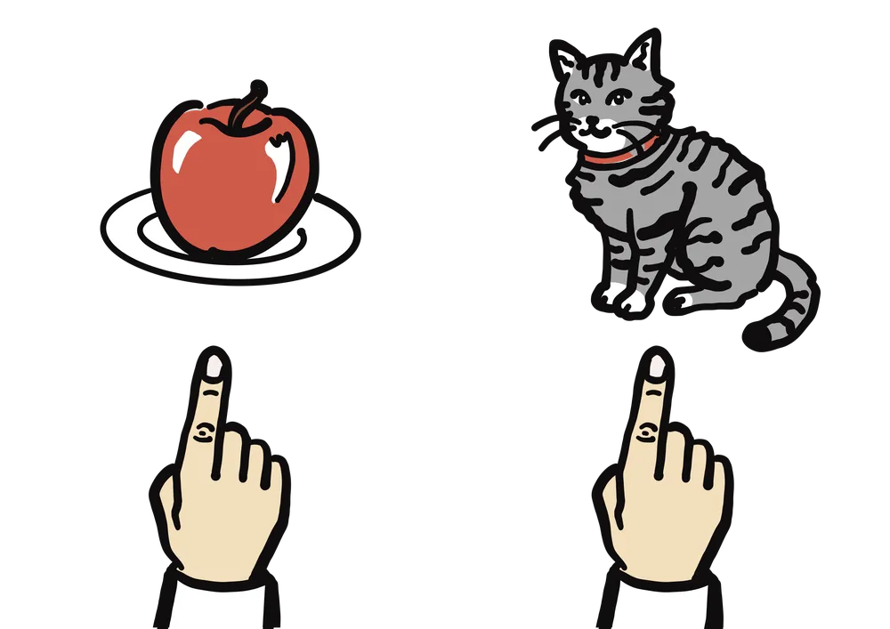 りんごがあります。ねこがいます。ありますといます違いを表したイラスト