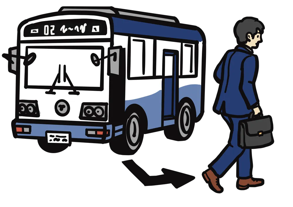 バスに降りる会社員のイラスト