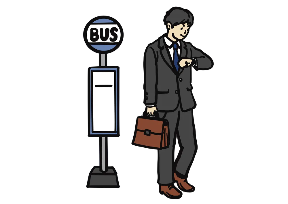 バス停でバスを待つサラリーマンのイラスト