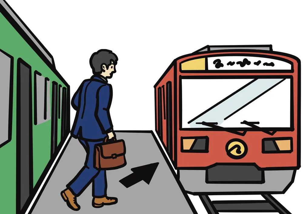 電車の乗り換えをするサラリーマンのイラスト