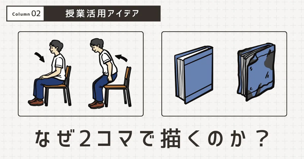 にほんご素材帖コラム 椅子に座る動作を表すイラストと、本の状態を比較するイラスト