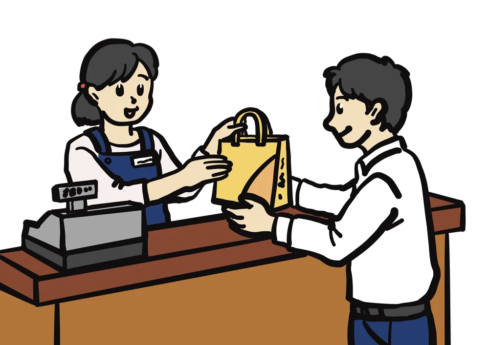商品をレジで渡す/受け取るのイラスト