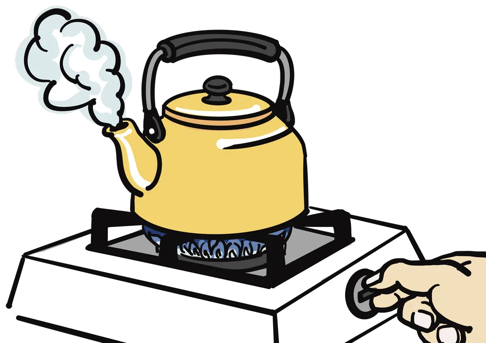 やかんのお湯を沸かす様子を表すイラスト