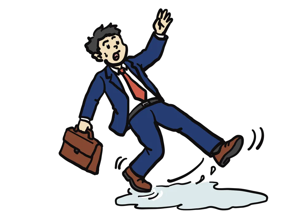 水たまりで滑るサラリーマンのイラスト
