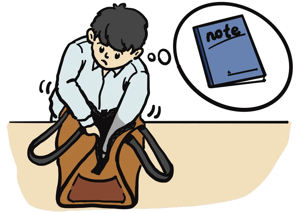 鞄の中からノートを探す男性のイラスト