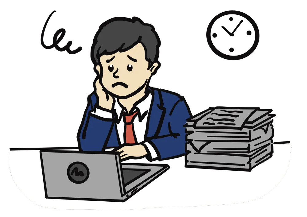 残業で疲れたサラリーマン。積まれた資料、PCを、見つめる。