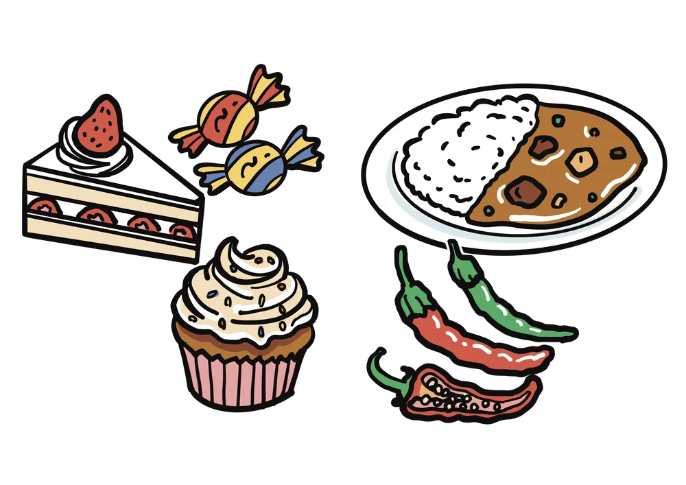 左に甘いもの(ケーキ、キャンディー、カップケーキ)右に辛いもの(カレー、唐辛子)