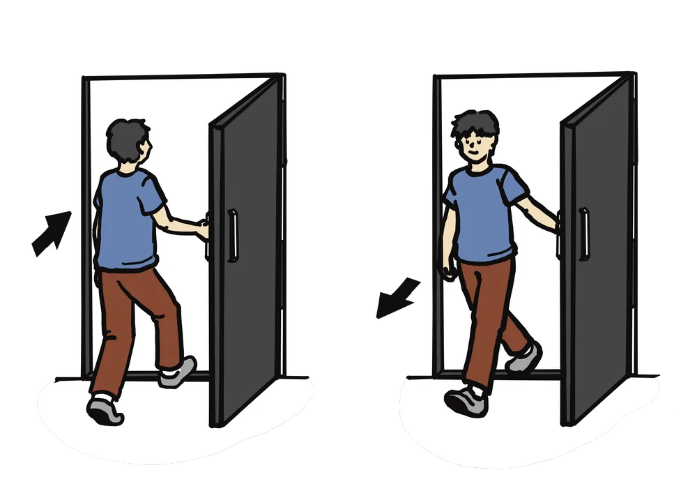 室内に入る、屋外へ出る男性のイラスト