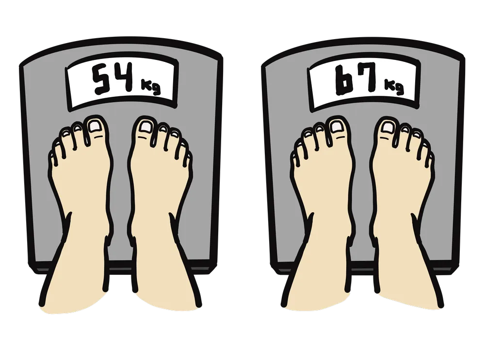 裸足で体重計に乗る。体重が増加する。変化を示すイラスト