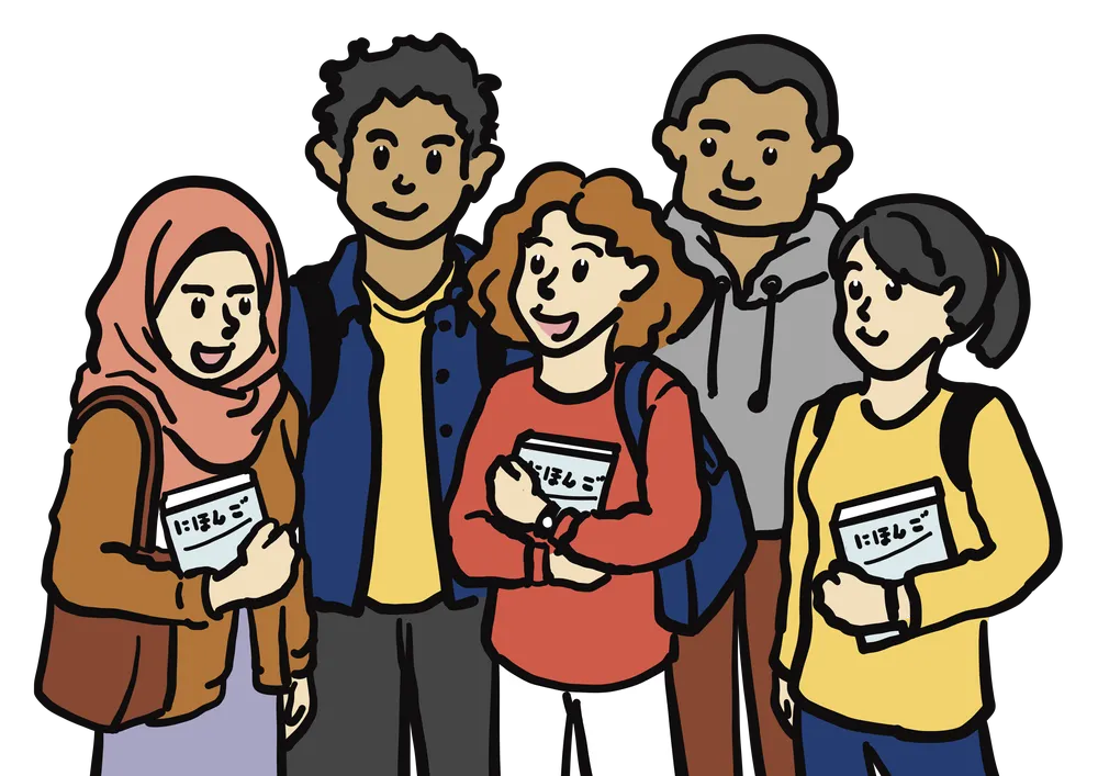 にほんごの教科書を持って談笑する留学生5人組