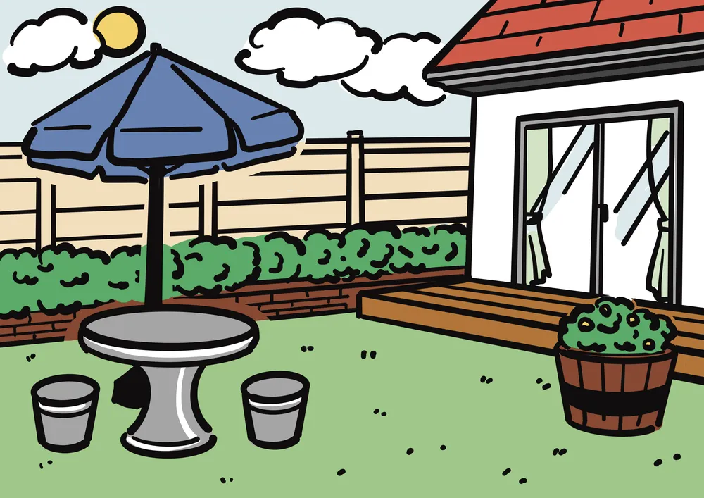 天気の良い日の庭のイラスト。パラソル、テーブル、椅子、花壇。