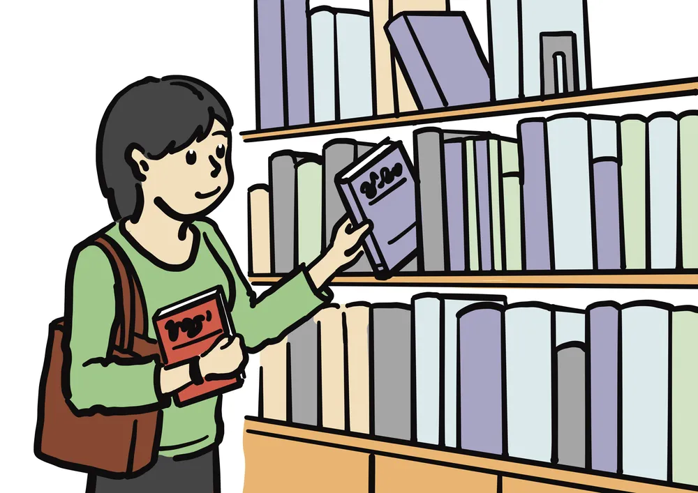 図書館で本を選ぶ女性のイラスト