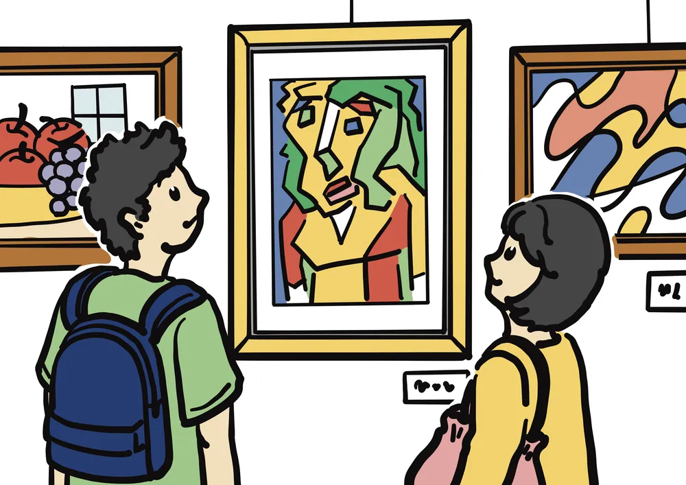美術館で絵画を見る男性と女性のイラスト