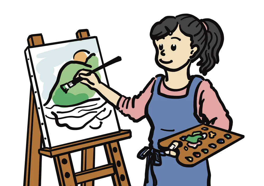 油絵で風景画を描く女性