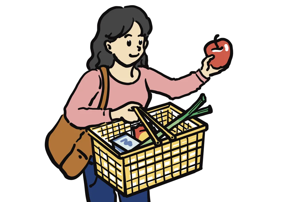 買い物かごにりんごを入れる女性のイラスト