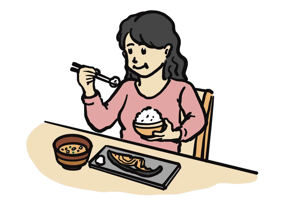 ご飯が入った茶碗をもって、食事をしている女性のイラスト