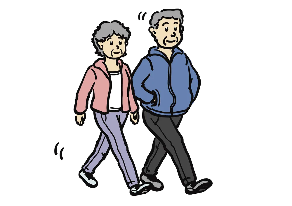 中年の男女が散歩をする様子のイラスト