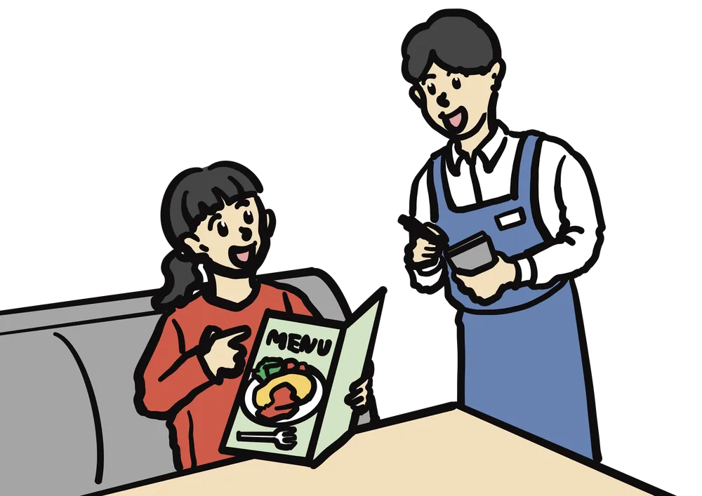 ファミレスでソファに座ってメニュを見る女性。注文をする様子。店員さんが注文を聞いてメモをとる様子。