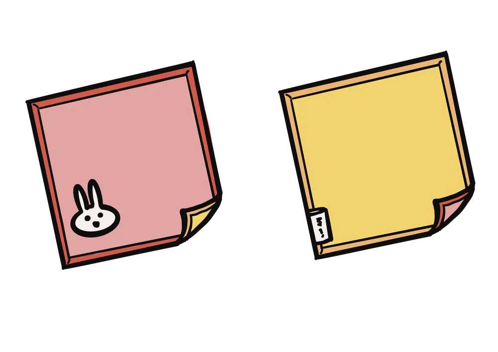 ２枚のタオルのイラスト。左がピンク色でうさぎの模様。右が黄色でタグが付いている。表と裏を説明するイラスト