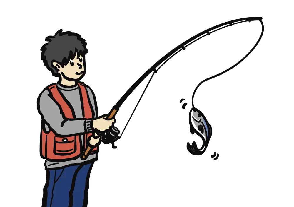赤いベストを着た男性が魚を釣り上げている様子