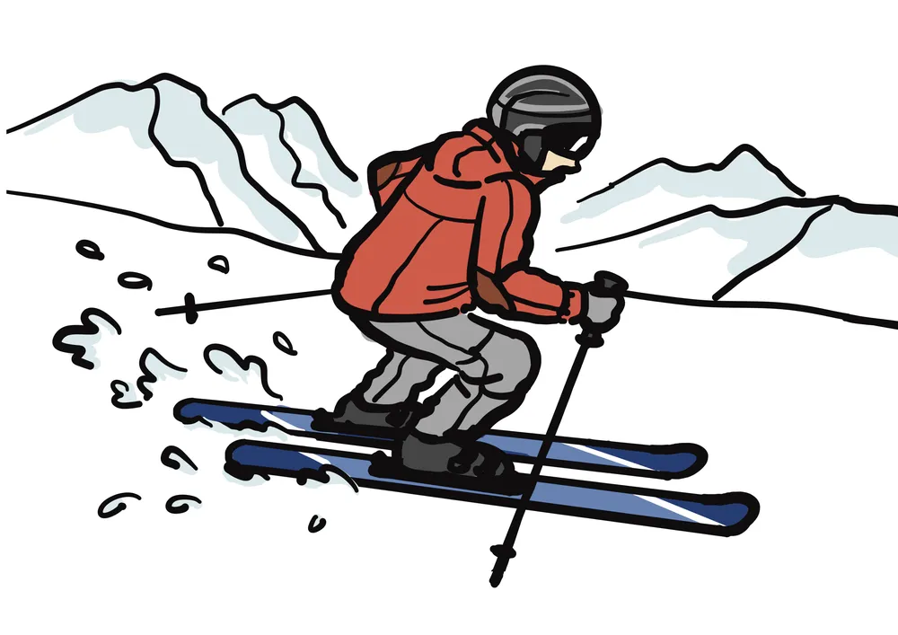 雪山をスキー板で滑る赤い服を着た男性のイラスト