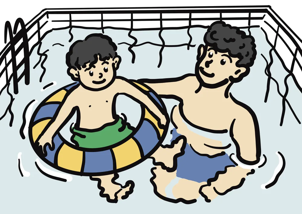 プールに浮き輪を使って浮かぶ男児と、浮き輪を支えるお父さんのイラスト