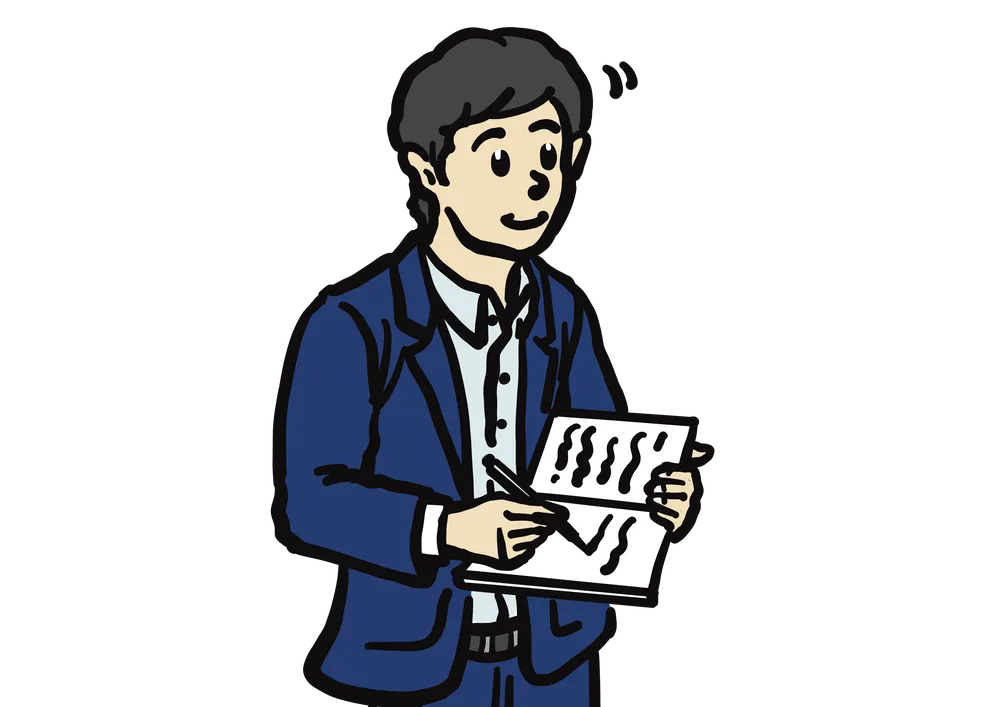 大きなノートに話を聞きながらメモをする男性のイラスト