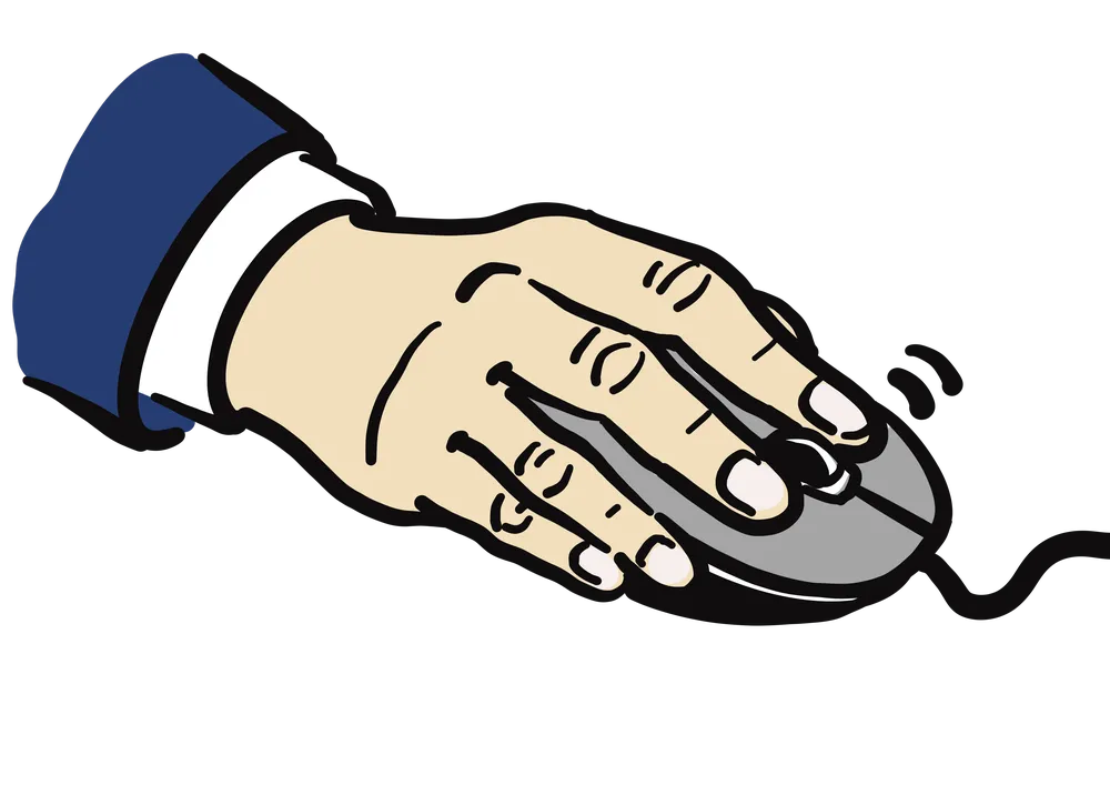 マウスを持った右手。クリックの動作を示すイラスト