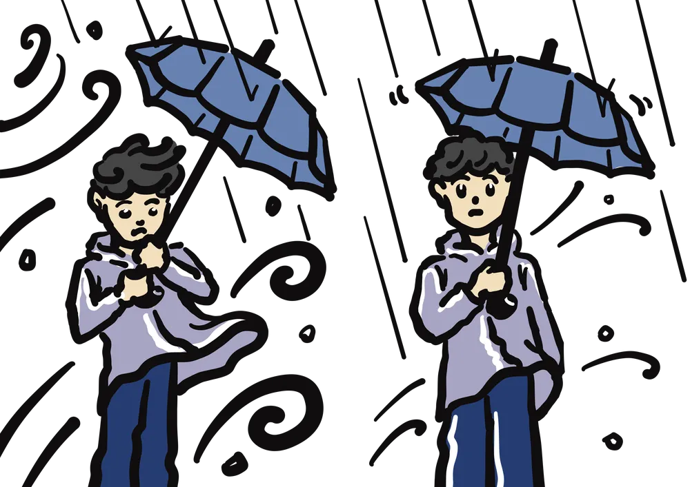 雨風の中、レインコートを着て傘をさす男性。左が強風、右が弱風の様子