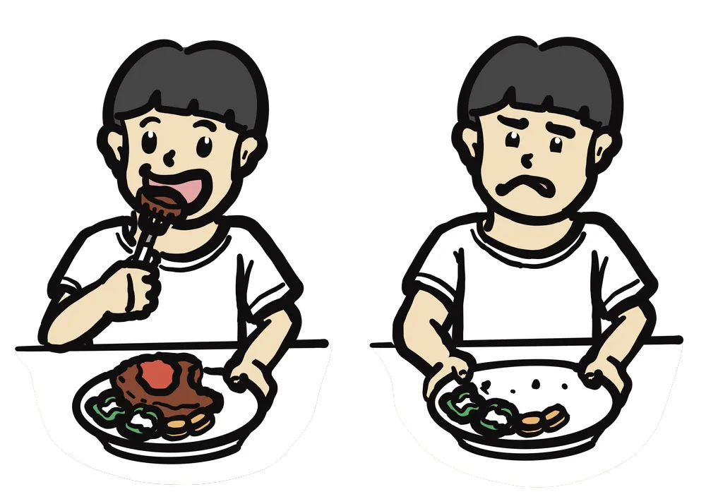 こどもが食事をする様子。左はハンバーグを美味しそうに食べる様子。右はピーマンやにんじんを不味くて嫌がる様子。