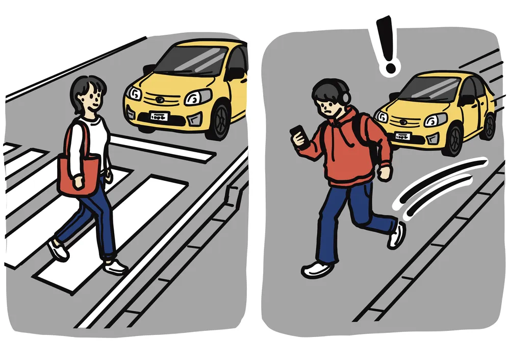 道を横断する様子。左は横断歩道を渡る女性の様子。右は車道をヘッドホンをして片手にスマホを見ながら横断する男性の様子。
