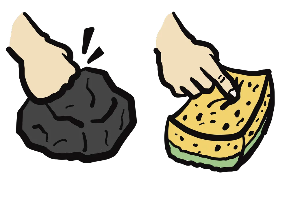 硬いと柔らかいを比較するイラスト。左は石を叩いてコツコツと音がする様子。右はスポンジを押して沈む様子。